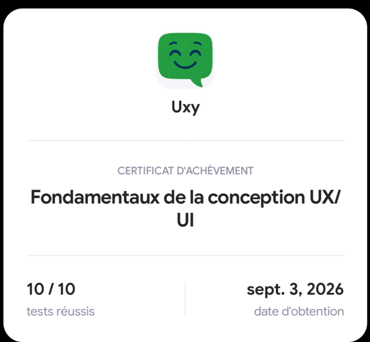 Certificat d'achèvement UI/UX délivré par UXY