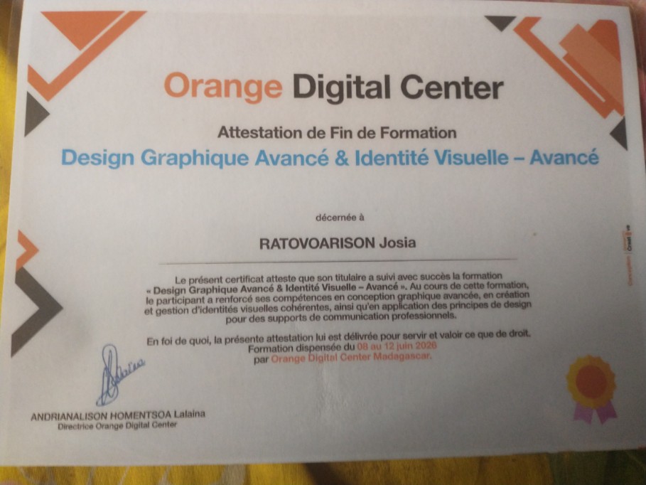 Attestation de formation Design et Création Visuelle, Orange Digital Center